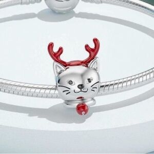 Christmas Cat charm for Pandora bracelet slide charm sterling silver